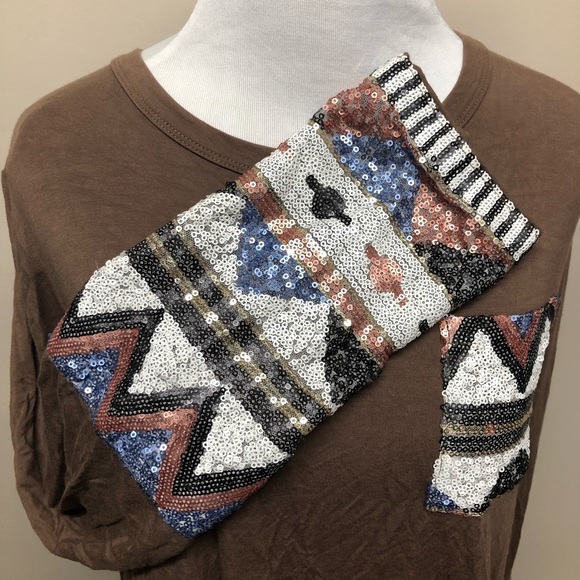 JODIFL Sequin Long Sleeve Brown Blouse Size Large - Picture 3 of 8